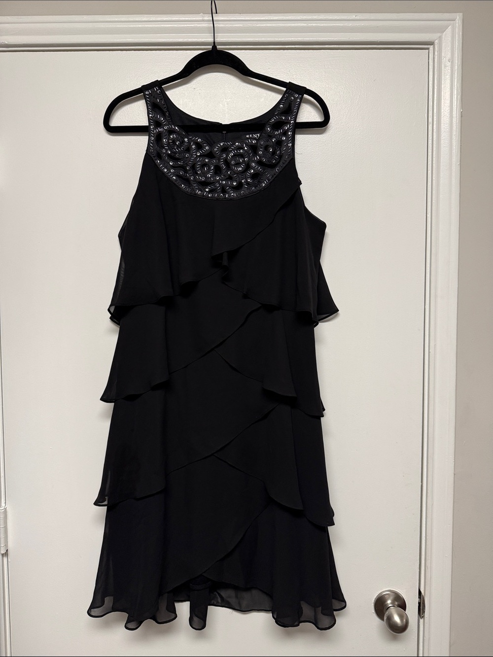 SLNY: Preloved Black Ruffle Midi Dress